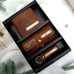 Personalized Men’s 3-in-1 Combo Set: Wallet, Sunglass Holder & Keychain