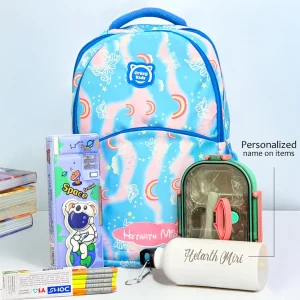 Blue Theme Kids School Combo – Custom Name Backpack, Bottle, Tiffin, Pencil Box & Pencil set