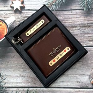 Personalized Leather Wallet with Customized Keychain with Name and Charm