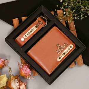 Personalized Leather Wallet with Customized Keychain with Name and Charm