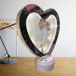 Personalized Customize Magic Mirror Cum Photo Heart Shape Tabletop Frame with LED Light - White