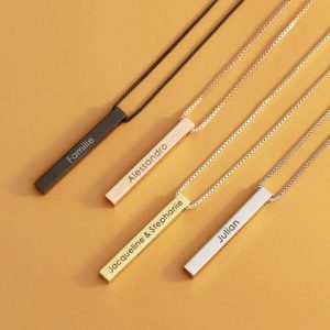 Bar Necklace Personalized, Sterling Customized Name Necklace 4 Sided Vertical 3D Bar Pendant Birthday Gift