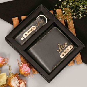 Personalized Leather Wallet with Customized Keychain with Name and Charm