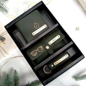 Personalized Men’s 3-in-1 Combo Set: Wallet, Sunglass Holder & Keychain