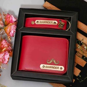 Personalized Leather Wallet with Customized Keychain with Name and Charm