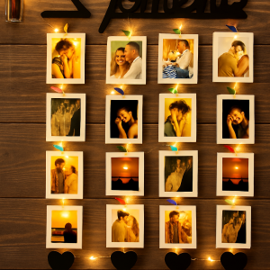 Wood Moments Heart With LED Light Hanging Photo Display, DIY Picture Photo Frame Collage Set Includes Multi colour Clips, Wall Mount